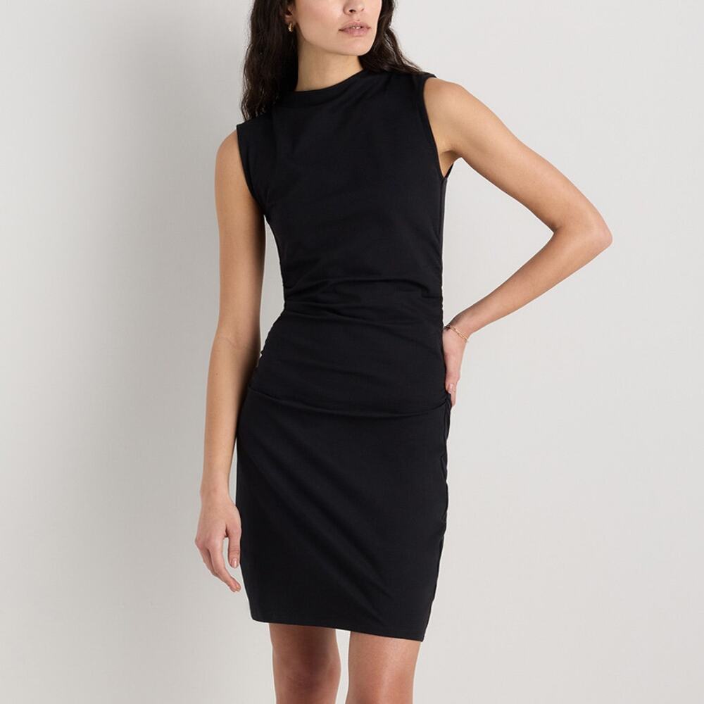 Quince Black Cotton Jersey Mock Neck Ruched Mini Dress Size S